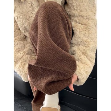 咖色人字紋闊腿褲女春秋2024新款窄版小個子秋冬加絨雪尼爾直筒褲