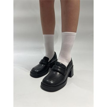 AMMCR 復古厚底粗跟手工樂福鞋女真皮氣質黑色小皮鞋通勤增高單鞋