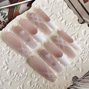 台灣出貨 美甲貼片 手工穿戴甲 貼片指甲 【Yuki穿戴甲】軟甲~新款法式機器噴繪愛心菱形格紋芭蕾風長梯