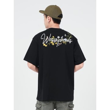 WASSUP手寫花卉刺繡短袖T恤男女款夏季寬松百搭情侶圓領半袖上衣