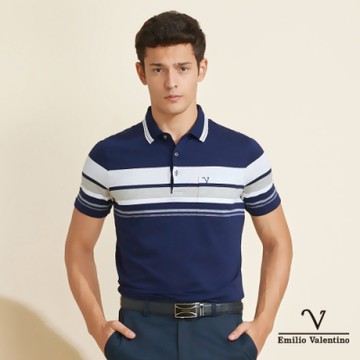 Emilio Valentino范倫鐵諾簡約跳色棉質橫紋POLO衫_藍/卡其(30-V3508)