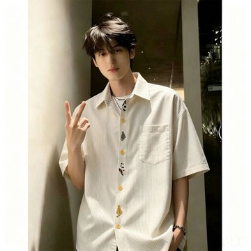 美式條紋貓咪貼標短袖襯衫男生夏季潮流寬鬆休閒百搭襯衣外套潮牌