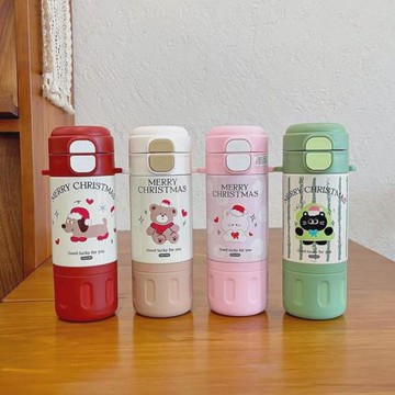 大容量便攜卡通兒童保溫杯戶外斜跨背帶雙飲吸管壺學生喝水情侶杯