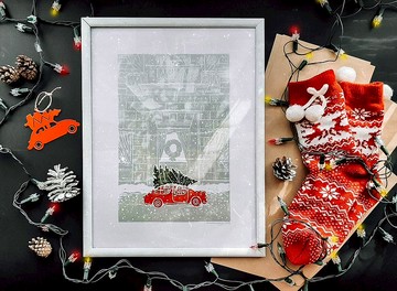 Linocut 印花聖誕樹紅色復古汽車冬季城市牆藝術 12x16 假期