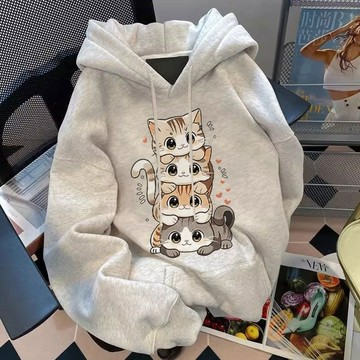 秋冬季連帽衛衣男女潮流貓咪印花上衣ins青少年休閒加絨加厚外套 大學T 帽T 連帽衛衣 刷毛帽T 外套 女裝 上衣