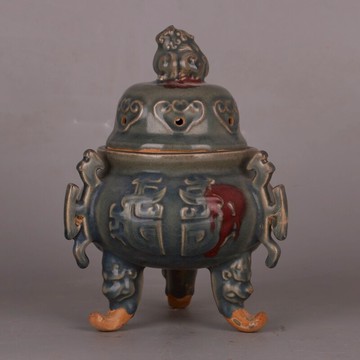 宋 鈞窯一點紅雄獅三足鼎 仿古舊貨出土瓷器五大名窯家居裝飾擺件