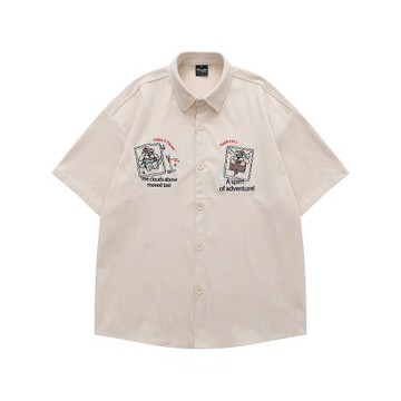 From Mars 暫停移動 日系復古卡通刺繡燈芯絨夏季寬松短袖襯衫BF