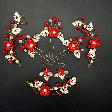 手工制作飾品紅色中式新娘頭飾套裝成人發飾u型夾盤發秀禾頭花女1入