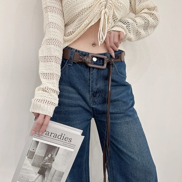 流蘇皮帶牛仔寬褲-藍【KT201732】