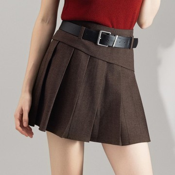【ICare】優雅斜蓋學院風質感百褶短裙 - 附腰帶(M-L) | 短裙