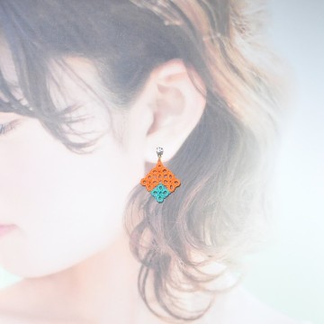 新品萬歲! 馬賽克方塊耳環 橙綠 Mosaic Square Earrings Tatting
