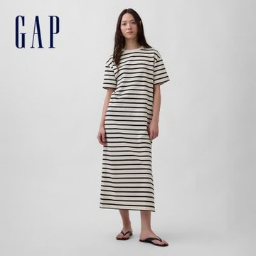 【GAP】厚磅寬鬆長款T恤洋裝-黑白條紋/-大地棕/經典黑(877700)