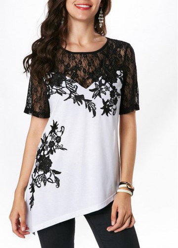 Short Sleeve Lace Patchwork Round Neck Blouse
