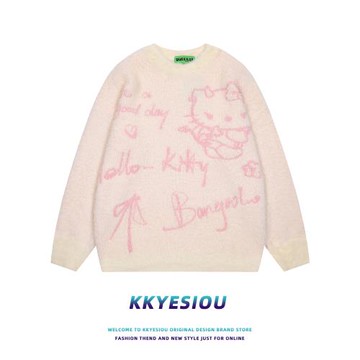 KKyesiou日系休閑凱蒂貓套頭針織衫女2024秋冬多巴胺美式街頭毛衣