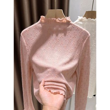 軟糯針織提花蕾絲木耳邊半高領打底衫女秋冬長袖內搭小衫粉色上衣