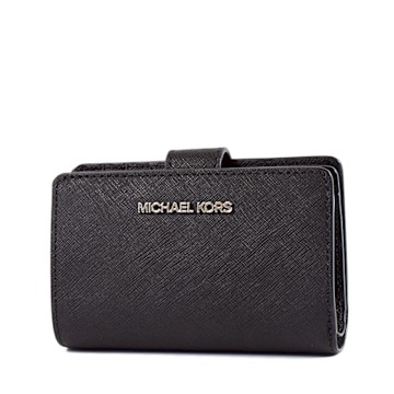 MICHAEL KORS 銀字LOGO素面防刮皮革釦式中夾-黑色
