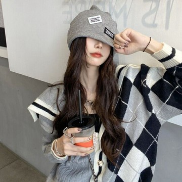 纖婕芙慵懶復古學院風撞色菱格毛衣2022新款秋冬V領開衫外套女潮