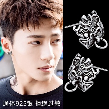 復古純銀耳釘男士狴犴瑞獸耳環單只潮男個性霸氣神獸獅子門神銀飾