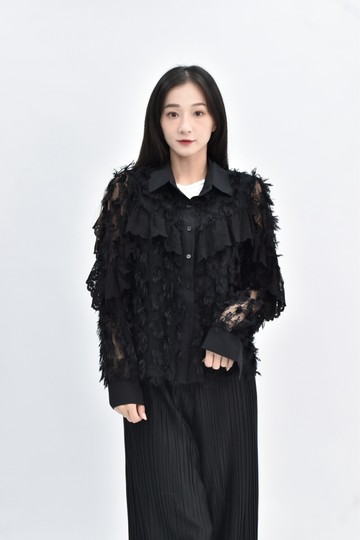 (M) 【德馨私服】davicji質感紡紗長袖透嚕黑色外套