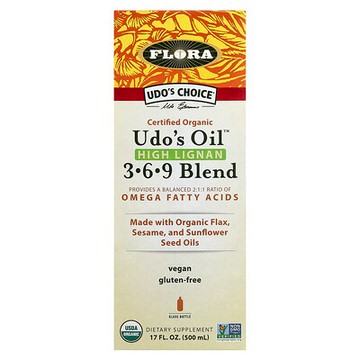 Flora, Udo's Choice，認可有機 Udo's Oil Omega-3-6-9 混合物，富含木酚素，17 液量盎司（500 毫升）