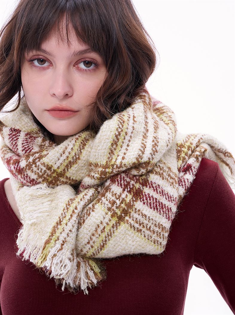 冬季焙紅棕格紋禦寒羊毛圍巾