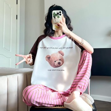 可愛小熊睡衣女士夏季純棉短袖長褲薄款可外穿日系全棉家居服套裝