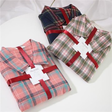 純原高品全棉磨毛 復古系格子控 柔軟舒服女長袖褲家居服睡衣套裝