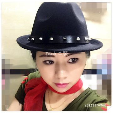 水兵舞帽子夏秋男女鉚釘黑色禮帽復古寶石皮帶扣帽子演出帽爵士帽免運