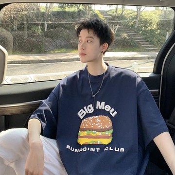 男生短袖t恤夏季薄款透氣男裝衣服寬松圓領休閑上衣潮流印花體恤