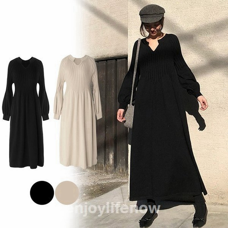 ワンピースニットワンピースロングワンピースvネックニット長袖ふわふわ袖おしゃれ可愛いワンピースフリル袖ブラック無地大きいサイズ 通販 Lineポイント最大get Lineショッピング
