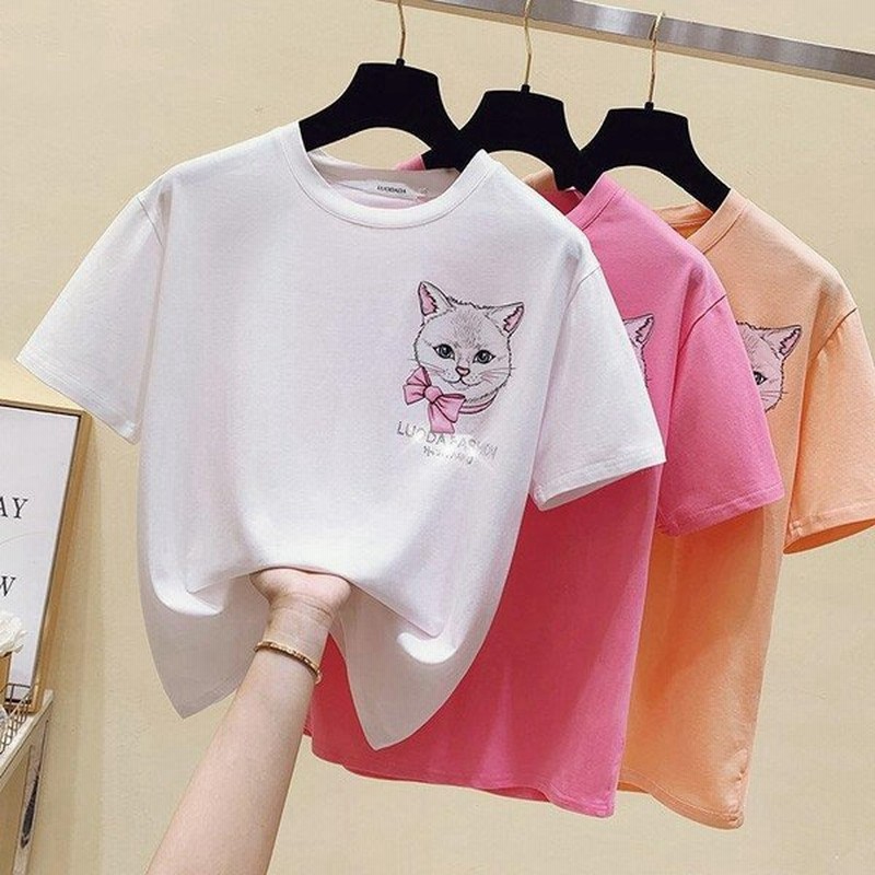 Tシャツ レディース 夏物 着痩せ トップス 猫 半袖 カジュアルtシャツ ゆったり 韓国風 可愛い 丸首 着回し 細身 3色 大きいサイズ 代 30代 S M L Xl コーデ 通販 Lineポイント最大get Lineショッピング