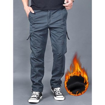 秋冬款加絨工裝褲大碼寬松多口袋直筒褲加厚休閑褲男松緊戶外長褲