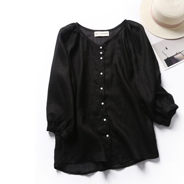 頂級舒適亞麻開襟衫｜防曬、冷氣房必備｜百搭罩衫 黑色190601-3