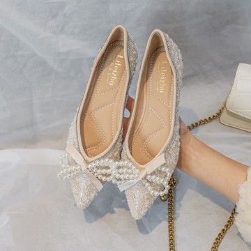 珍珠水鉆尖頭法式平底春款單鞋女2024年新款氣質晚晚大碼鞋41-43