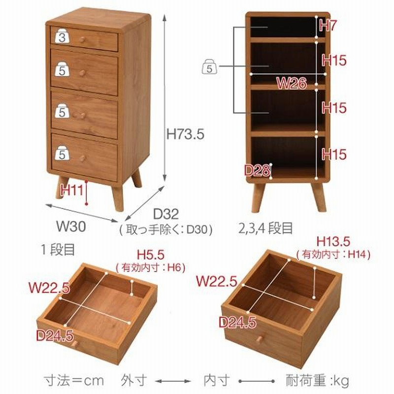 リビングチェスト スリム コンパクトチェスト おしゃれ 幅30 4段 木製