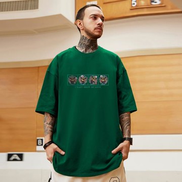 美式街頭復古半袖綠色潮牌t恤簡約大碼男裝加肥加大overszie短袖