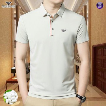 高端品牌男士桑蠶絲短袖t恤翻領半袖冰絲無痕純色上衣Polo衫夏潮