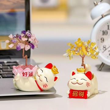 ⭐臺灣出貨⭐發財樹招財貓桌面小擺件辦公室可愛工位解壓水晶搖錢樹發財裝飾品