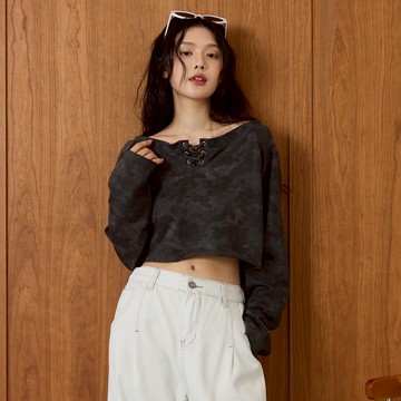 LALLO-個性迷彩綁帶一字肩上衣