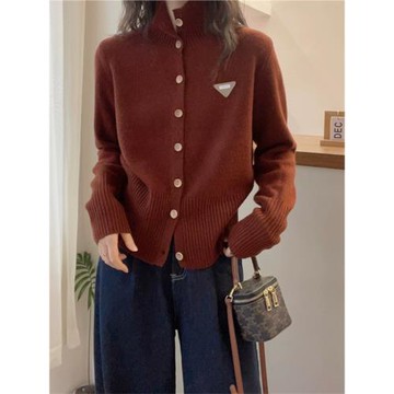 立領羊絨毛衣開衫女秋冬新款慵懶風軟糯針織衫韓系寬松半高領上衣