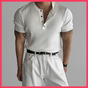 『ATC』 韓系衣服男 | 坑條紋亨利衫 | 亨利領短袖 | 男士夏季新款青年帥氣百搭休閒打底針織衫 | 小眾潮牌亞麻襯