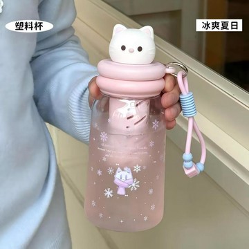新品免運🎁貓咪水杯 吸管水壺 咖啡杯 環保杯 隨行杯 兒童水壺 冰霸杯 夏季雪花小貓頭塑料杯便攜提繩水杯學生高顏值大容