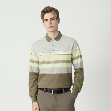 Pierre Cardin 男款 質感條紋厚長袖POLO衫-黃色 (5255277-55)