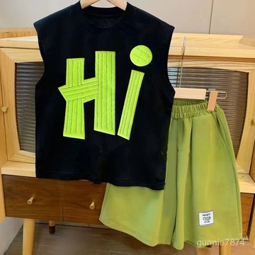 【臺灣出貨】兒童短袖套裝夏季背心兩件套男童女童洋氣韓版運動帥氣中大童套裝運動套裝 兩件套T恤 中大童休閒套裝 男童套裝
