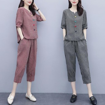 棉麻套裝 時尚洋氣棉麻格子套裝女夏大碼減齡T恤哈倫褲顯瘦休閒亞麻兩件套【顧家家】