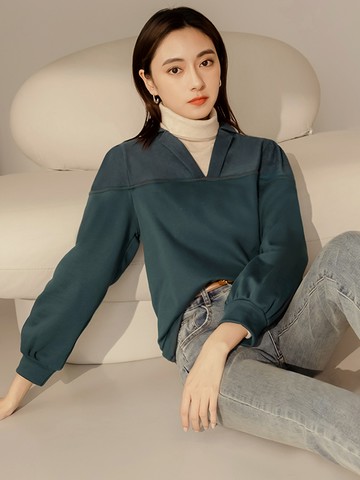 翻領拼接長袖上衣/衛衣