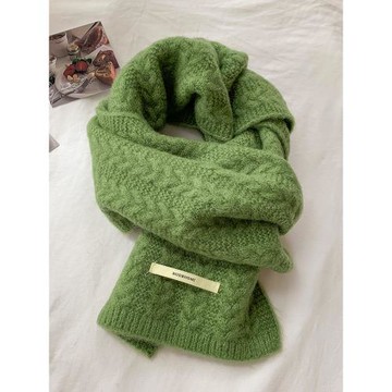 牛油果綠針織毛線圍巾女秋冬季韓版百搭保暖加厚純色學生麻花圍脖