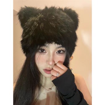 黑色小熊耳朵兔毛帽子女秋冬可愛毛毛絨包頭帽防寒保暖針織帽皮草