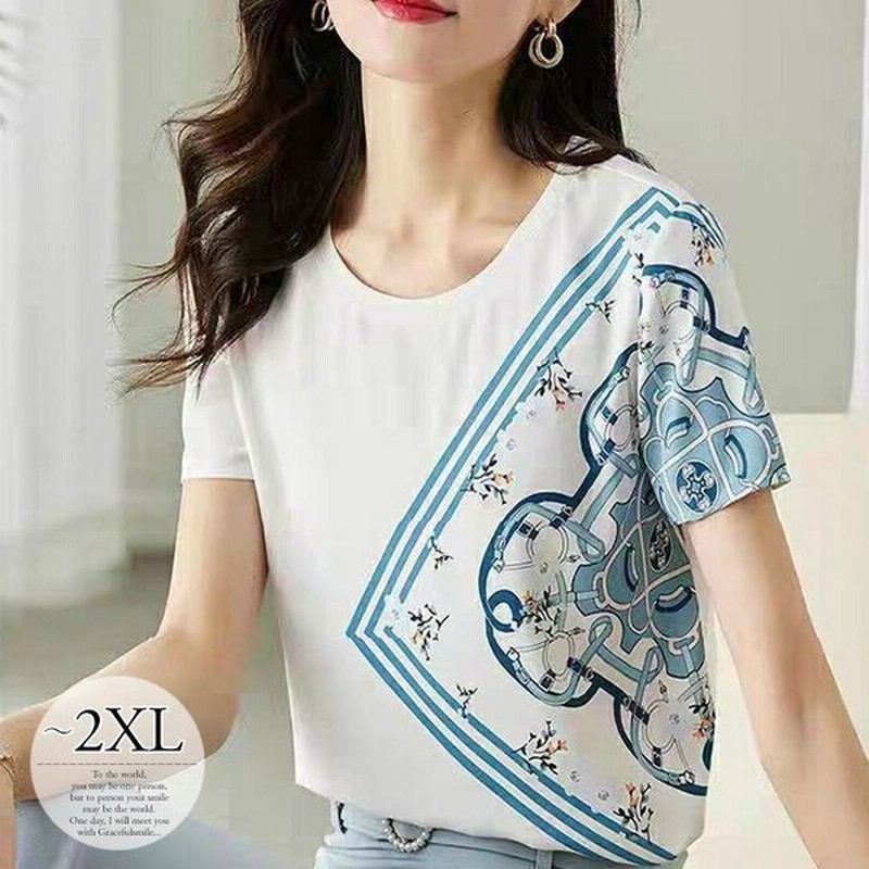 Tシャツ トップス 春 レディース きれいめ 大きいサイズ 半袖 ラウンドネック スカーフ柄 爽やか 普段使い ワードローブ オフィス 仕事 通勤 ホワイト ブルー 可 通販 Lineポイント最大0 5 Get Lineショッピング