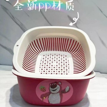🌷瀝水籃 🌷雙層草莓熊洗菜盆瀝水籃子廚房淘米洗菜加厚多功能瀝水籃 瀝水架\t瀝水盤 洗菜瀝水盆